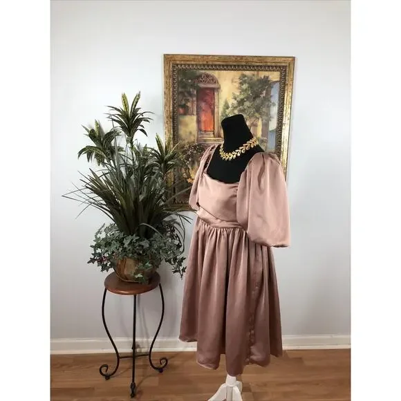 Labiz Woman Dress Puff 1/2 Sleeve Babydoll Dress Pink Pleated Square Neck Zip - Picture 4 of 8